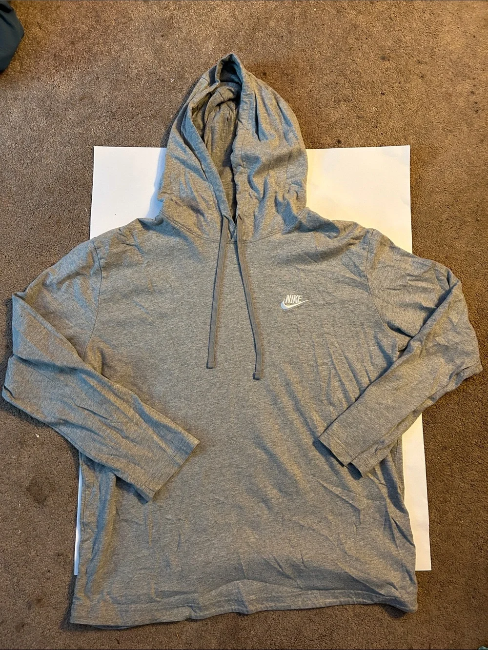 Nike Light Gray Drawstring Pullover Hoodie with White Swoosh Youth large